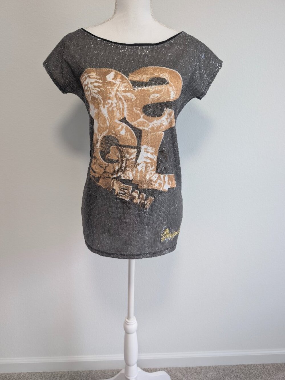 Vintage Desigual Early Y2K Cyber Goth Mesh Micro Sequin Abstract Top M